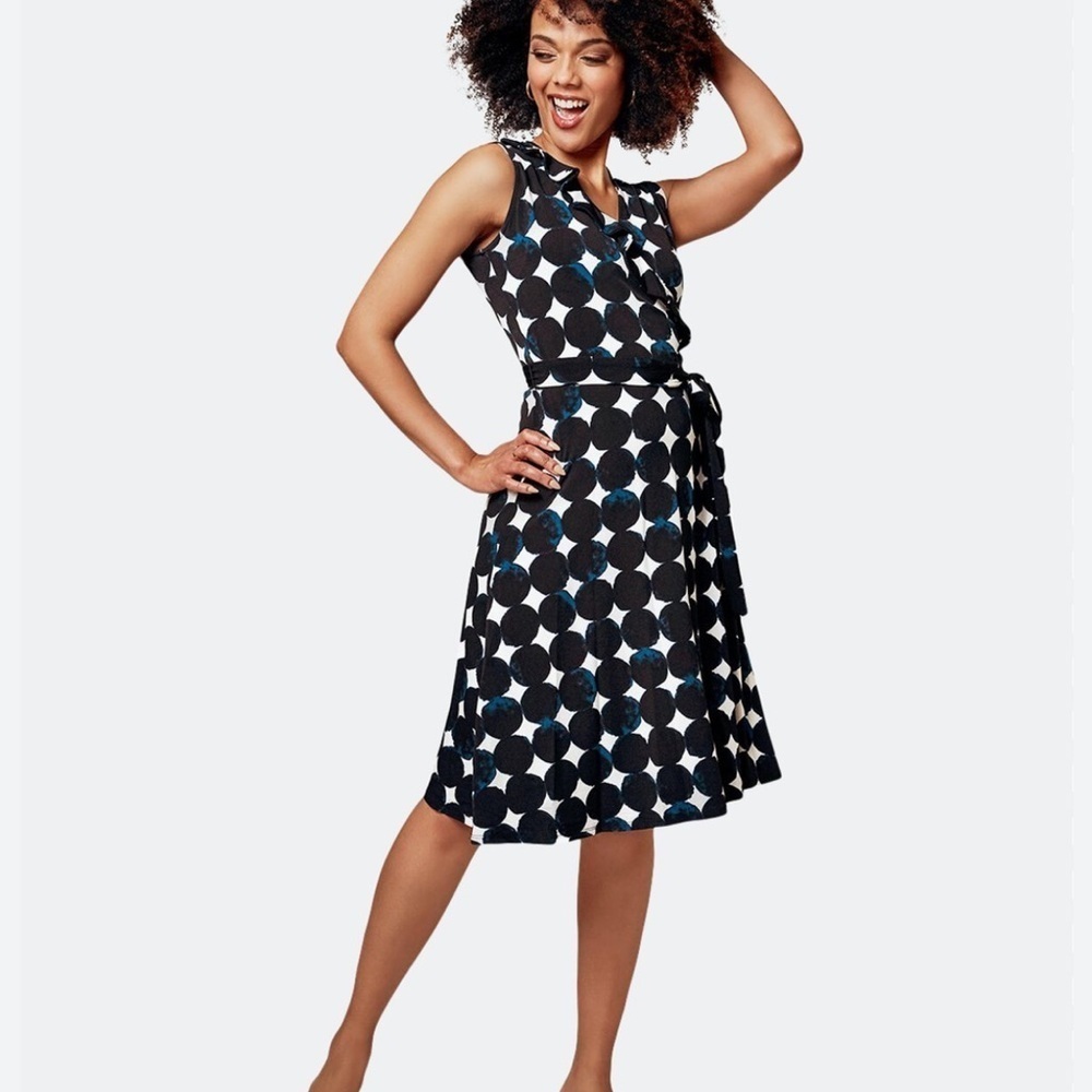 LEOTA Felicity Faux Wrap Ruffle Neckline Polka Dot Print Dress in Midnight Moon